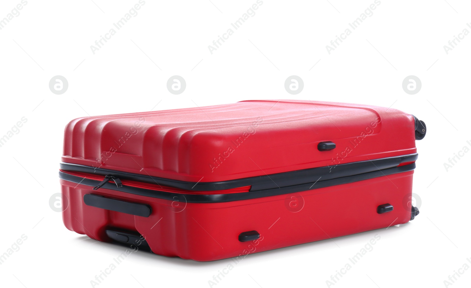 Photo of Red suitcase for travelling on white background