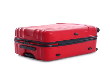 Photo of Red suitcase for travelling on white background