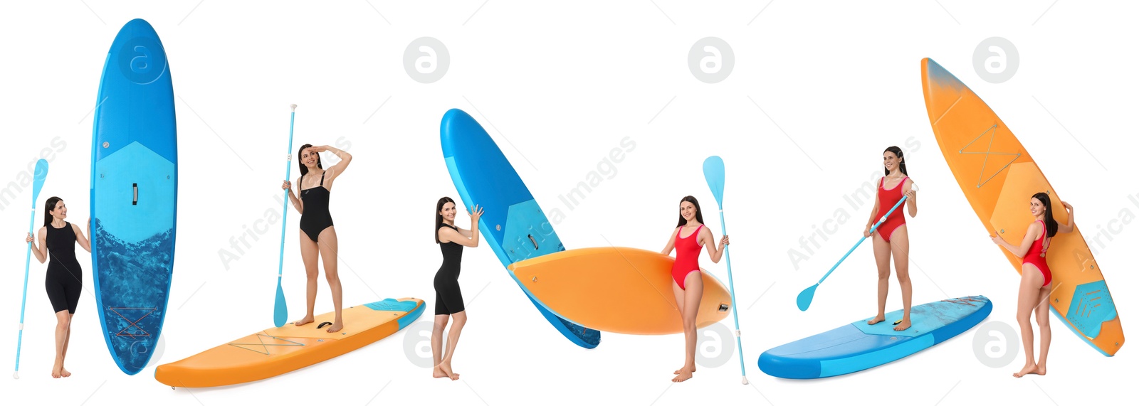 Image of Photos of young woman with sup boards isolated on white, collage