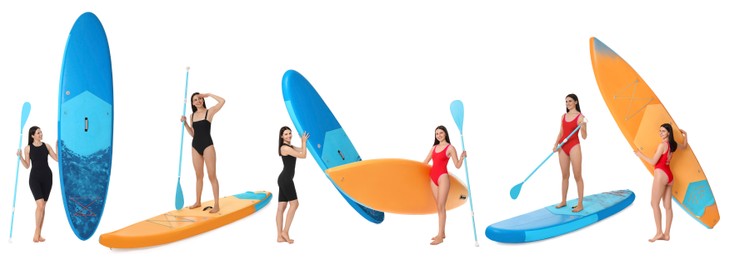 Image of Photos of young woman with sup boards isolated on white, collage