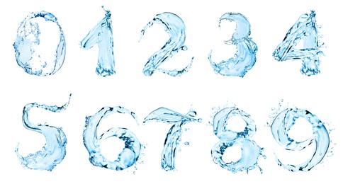 Numbers made of water on white background, collage design