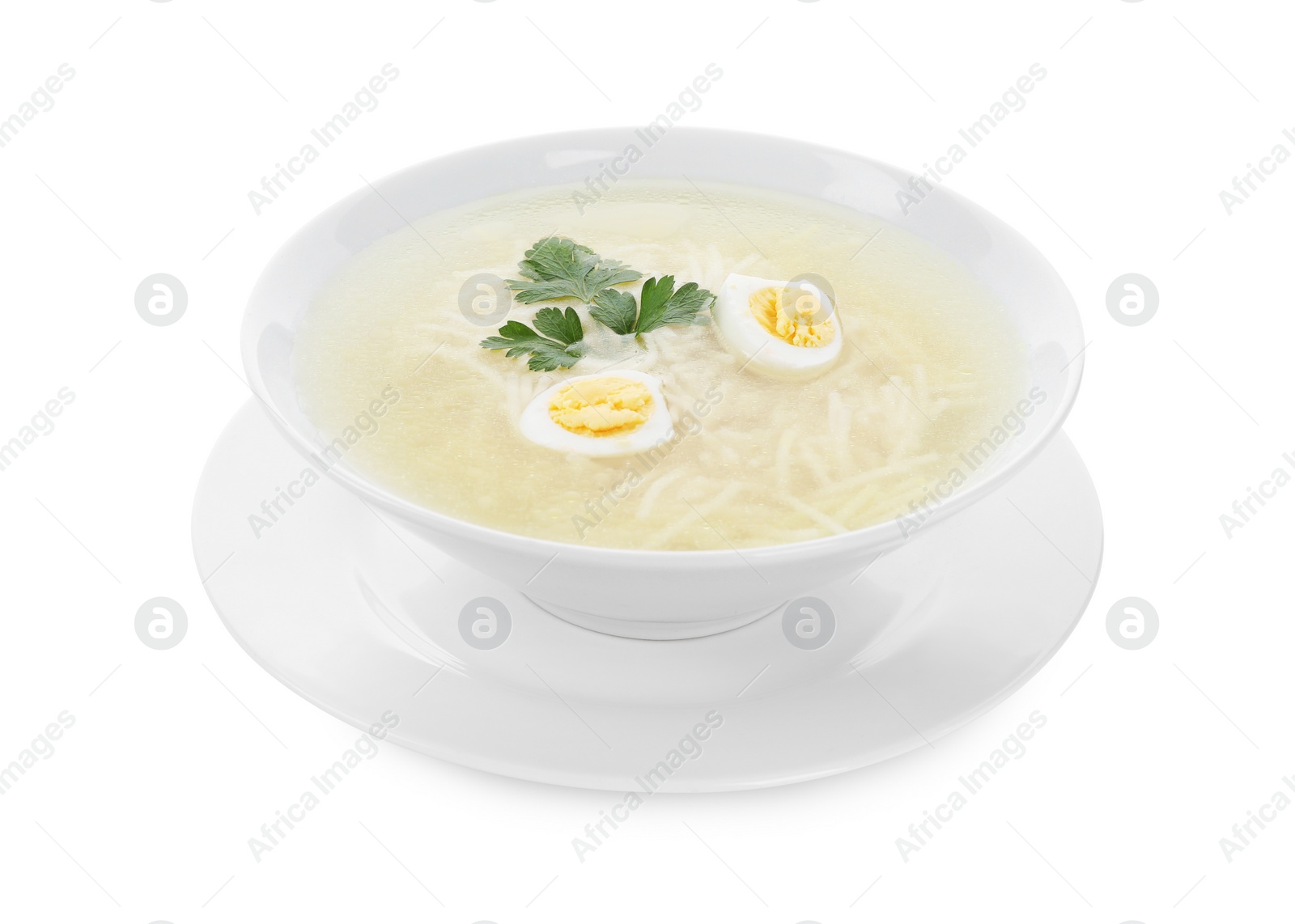 Photo of Tasty soup with noodles, egg and parsley in bowl isolated on white