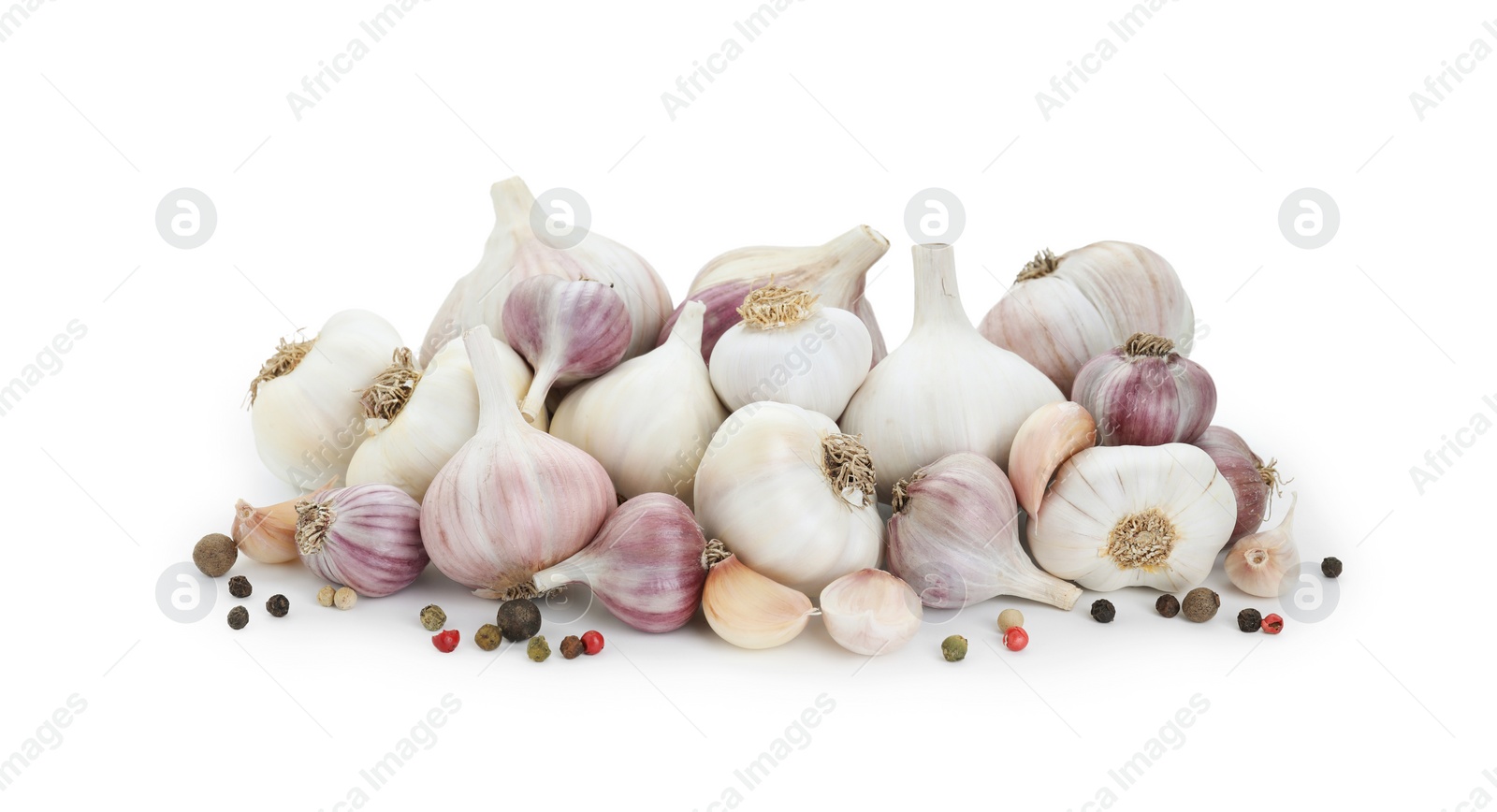 Photo of Fresh garlic and peppercorns isolated on white