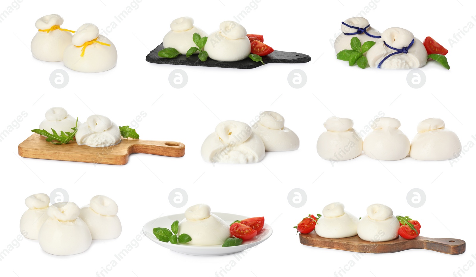 Image of Set with fresh delicious burrata cheese on white background