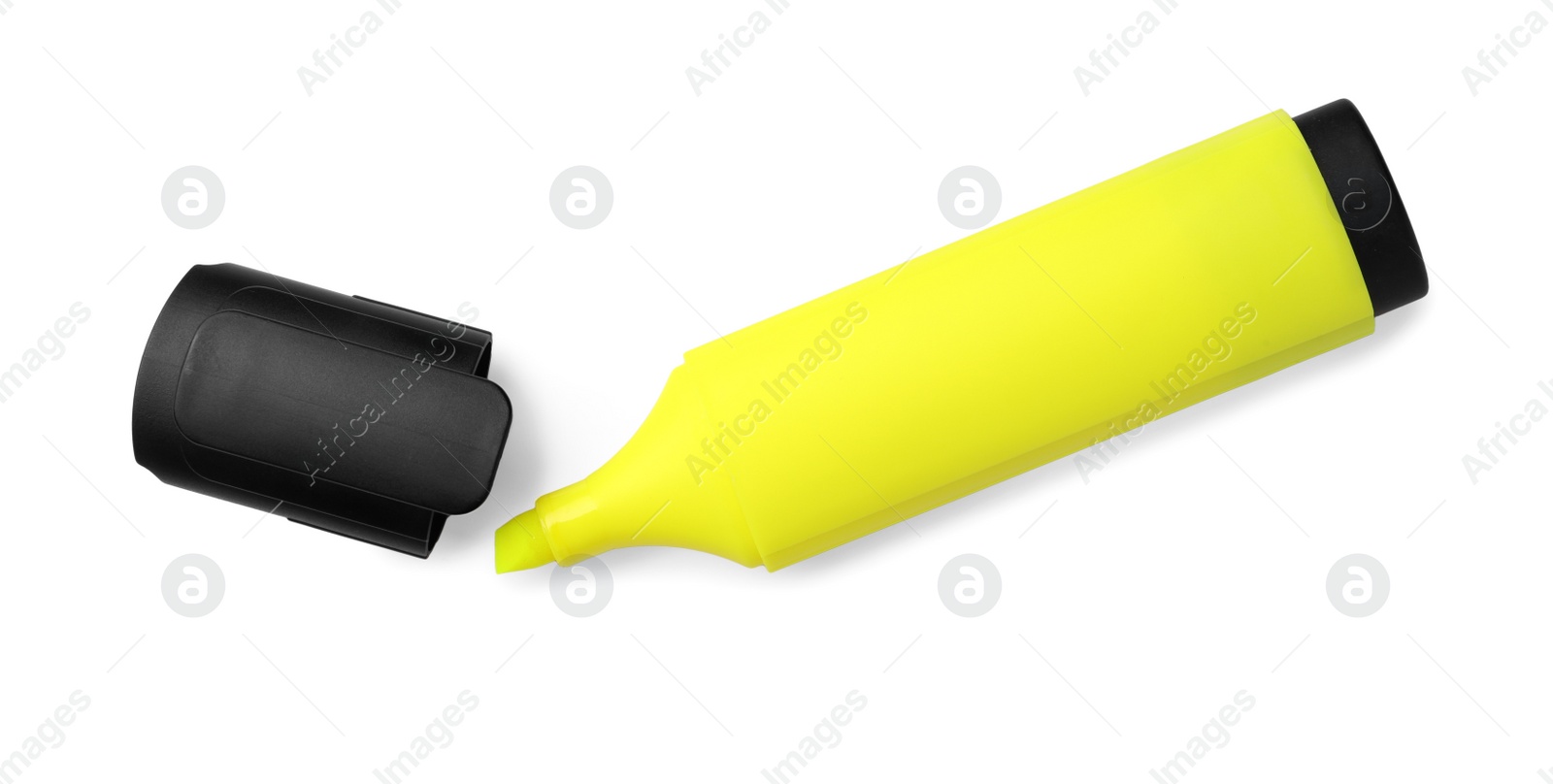 Photo of Bright yellow marker isolated on white, top view