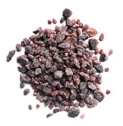 Photo of Heap of black salt on white background, top view