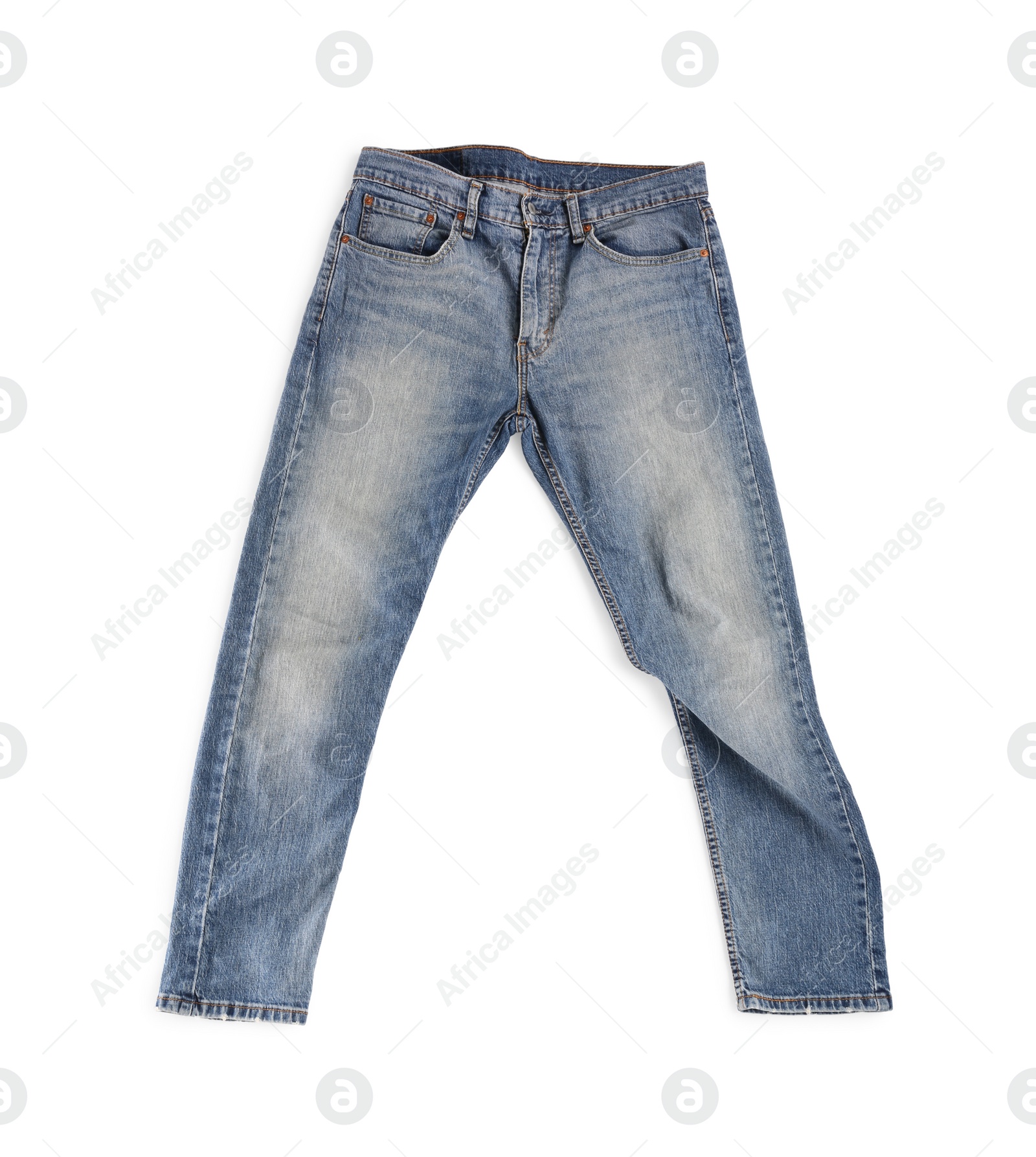 Photo of Blue jeans isolated on white, top view. Stylish clothes