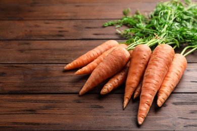 Photo of Fresh ripe carrots on wooden background, space for text