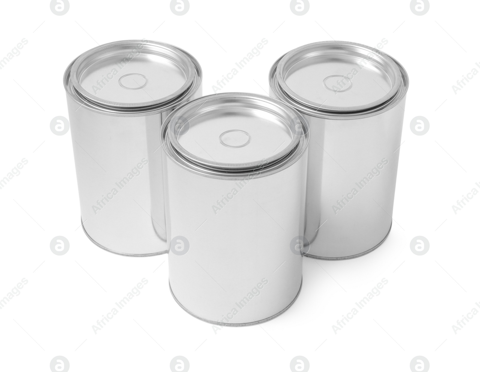 Photo of Many cans of paints on white background