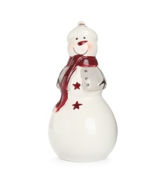 Funny ceramic snowman isolated on white. Christmas decoration