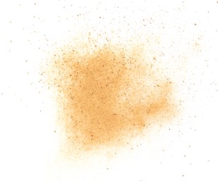 Photo of Brown dust scattered on white background, top view