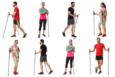 Image of Sporty man and woman with Nordic walking poles on white background, collage with photos