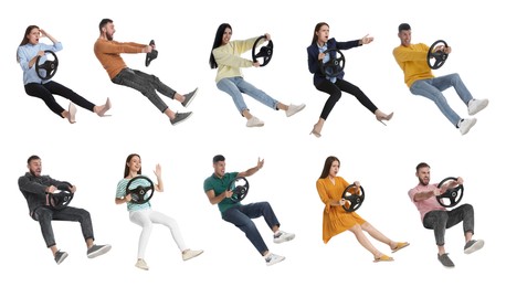 Image of Emotional people with steering wheels on white background, collage. Banner design