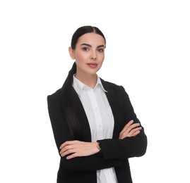 Photo of Portrait of beautiful woman with crossed arms on white background. Lawyer, businesswoman, accountant or manager