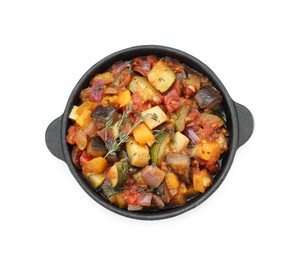 Photo of Dish with tasty ratatouille isolated on white, top view