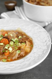 Tasty cabbage soup with meat, green onion and carrot on grey table, closeup