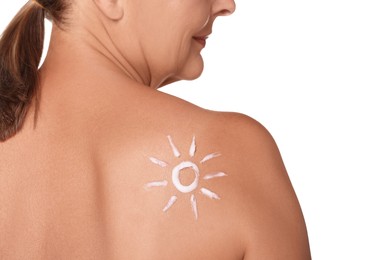 Photo of Senior woman with sun protection cream on her back isolated on white, closeup