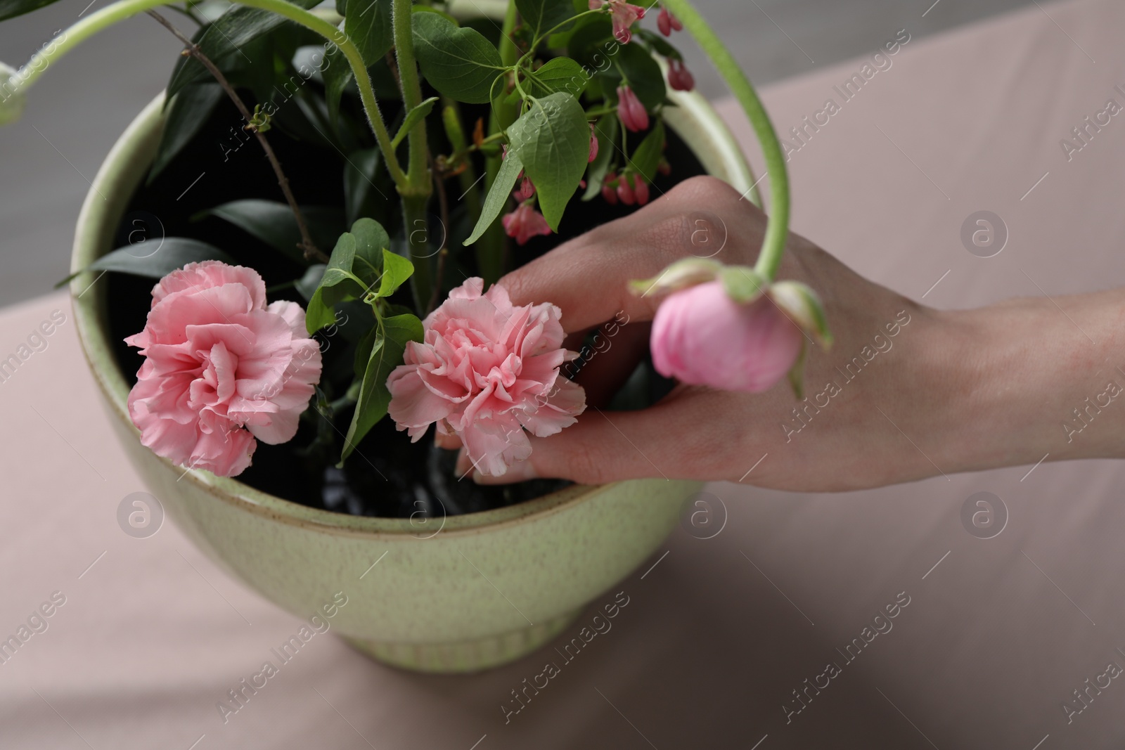 Photo of Beautiful ikebana for stylish house decor. Woman create floral composition with fresh ranunculus and carnation flowers at beige table, closeup