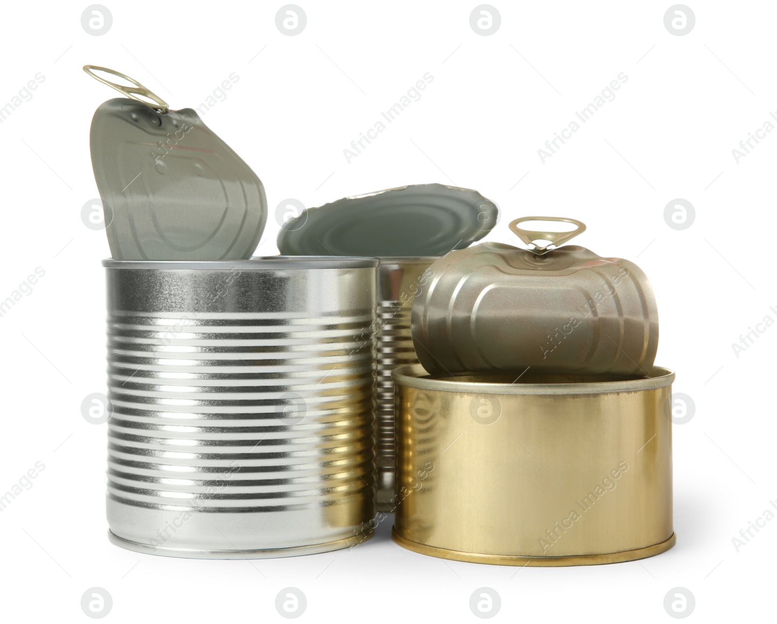 Photo of Open tin cans isolated on white, mockup for design