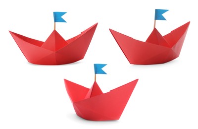 Image of Red paper boats with kight blue flags on white background, collage