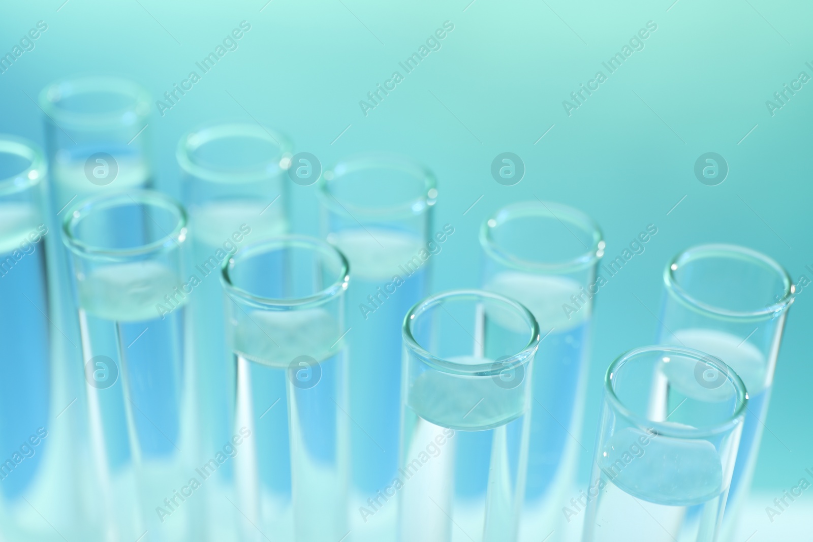 Photo of Many glass test tubes on turquoise background, closeup