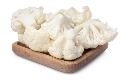 Photo of Wooden plate with cut fresh raw cauliflowers on white background