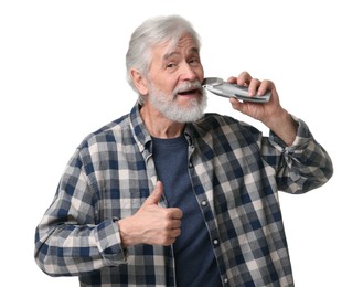 Photo of Senior man trimming beard and showing thumbs up on white background