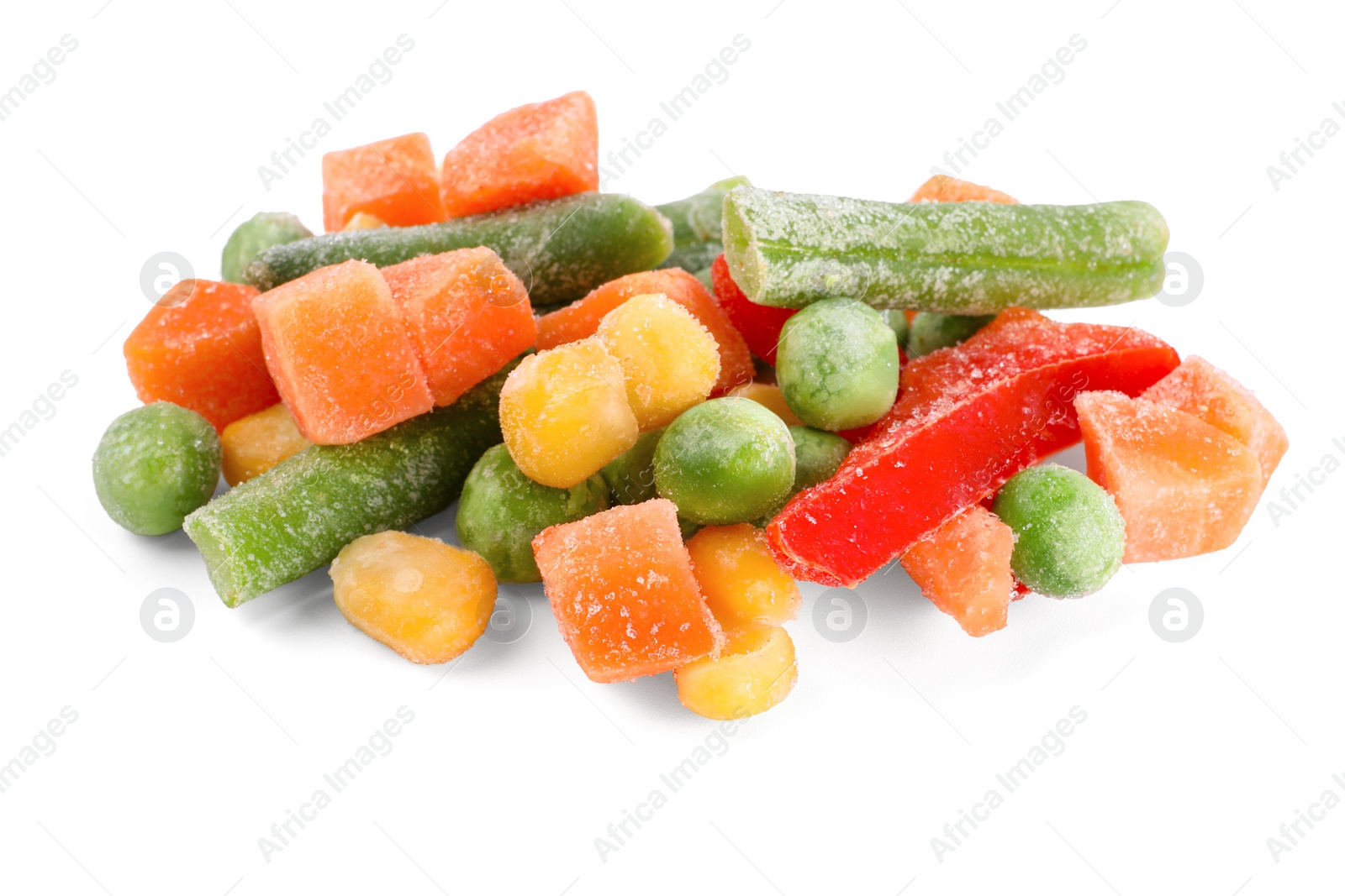 Photo of Mix of different frozen vegetables isolated on white