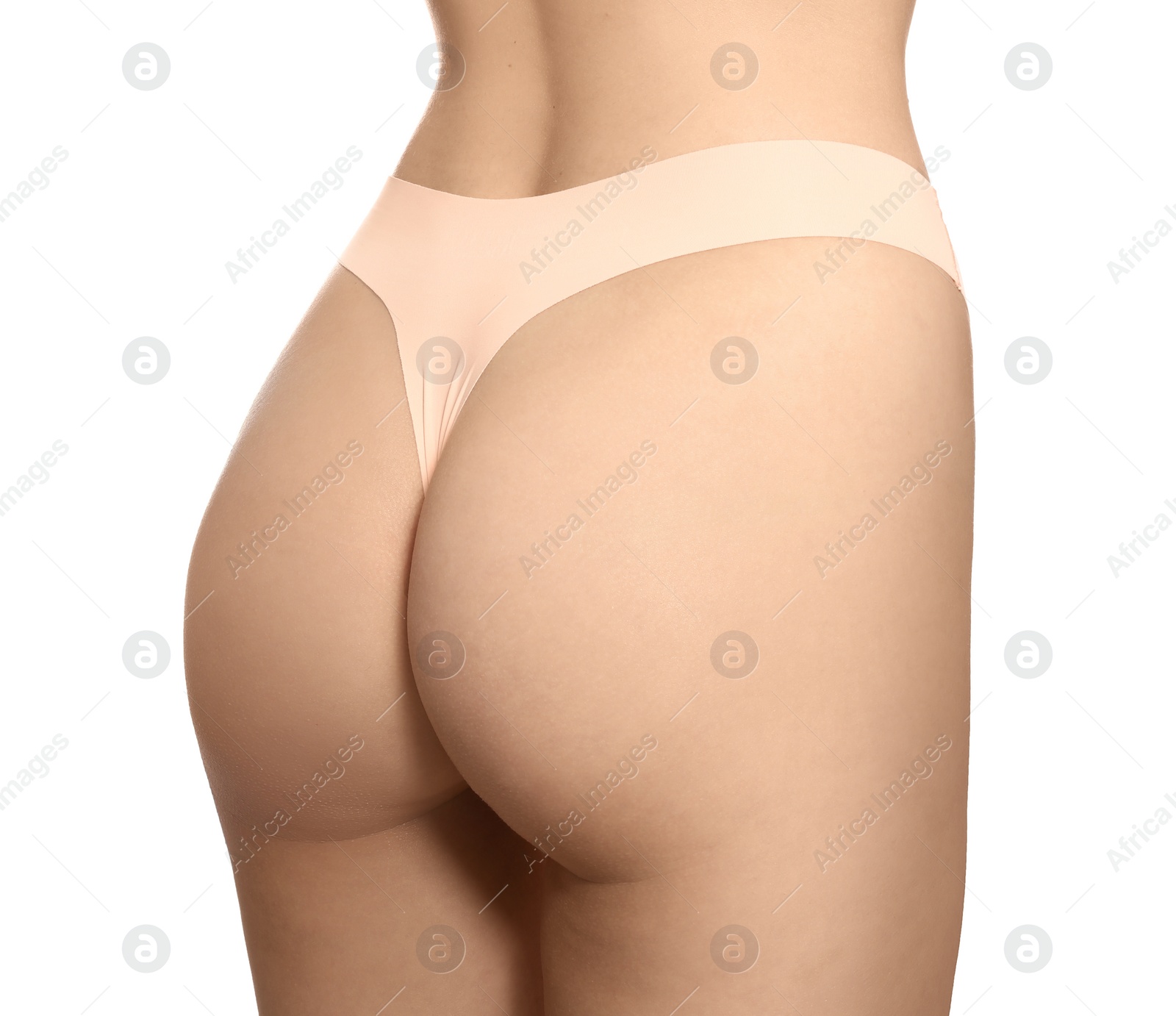 Photo of Closeup view of slim woman in underwear on white background. Cellulite problem concept