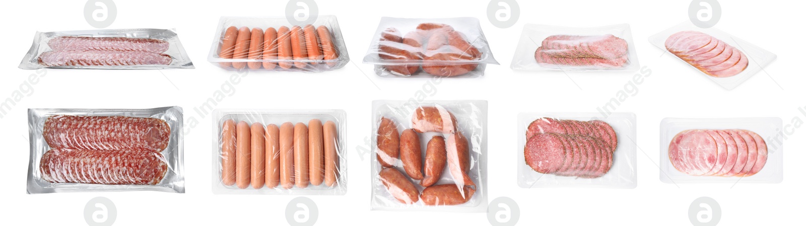 Image of Set with different packed sausages on white background. Banner design