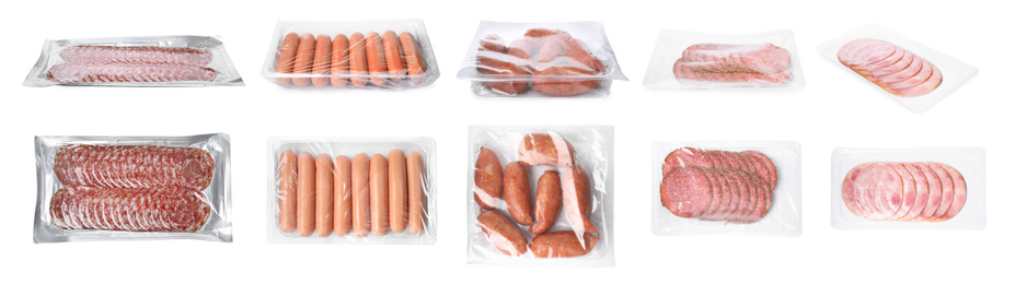 Image of Set with different packed sausages on white background. Banner design