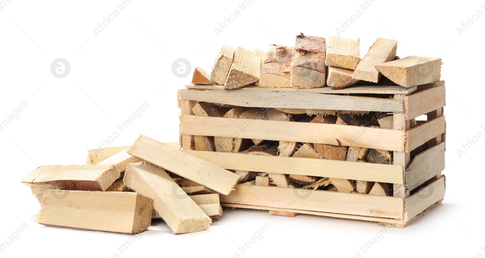 Photo of Cut firewood on white background. Heating in winter