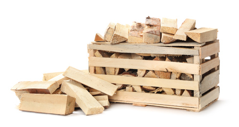 Cut firewood on white background. Heating in winter