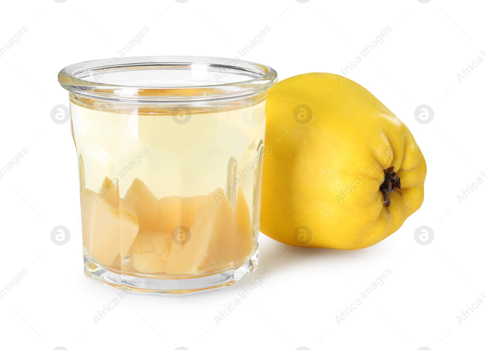 Photo of Delicious quince drink in glass and fresh fruit isolated on white