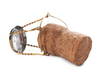 Photo of Cork of sparkling wine and muselet cap isolated on white