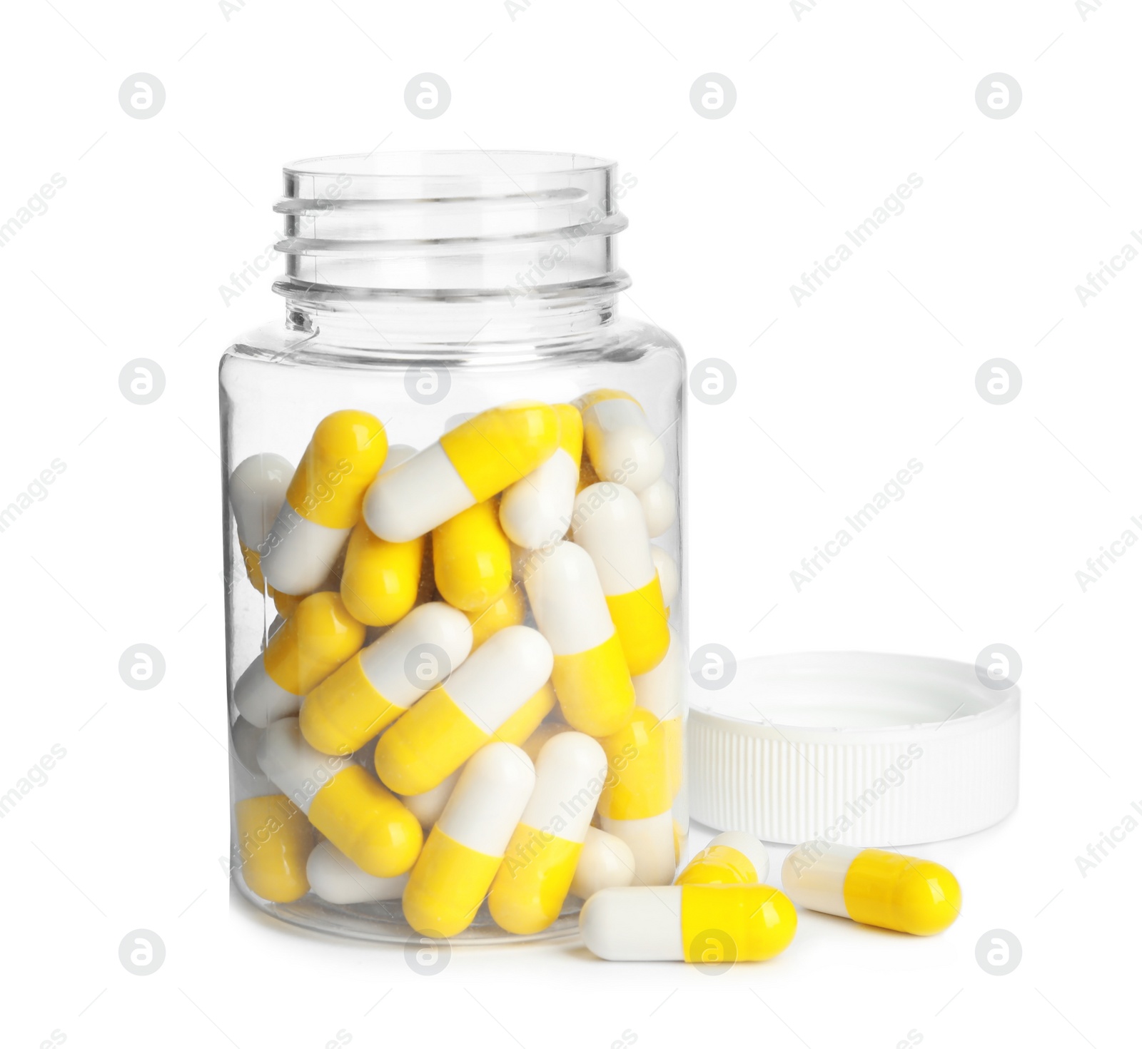 Photo of Bottle with vitamin pills isolated on white