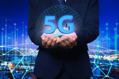 Man demonstrating 5G SIM card model and cityscape with connection lines on background, closeup 