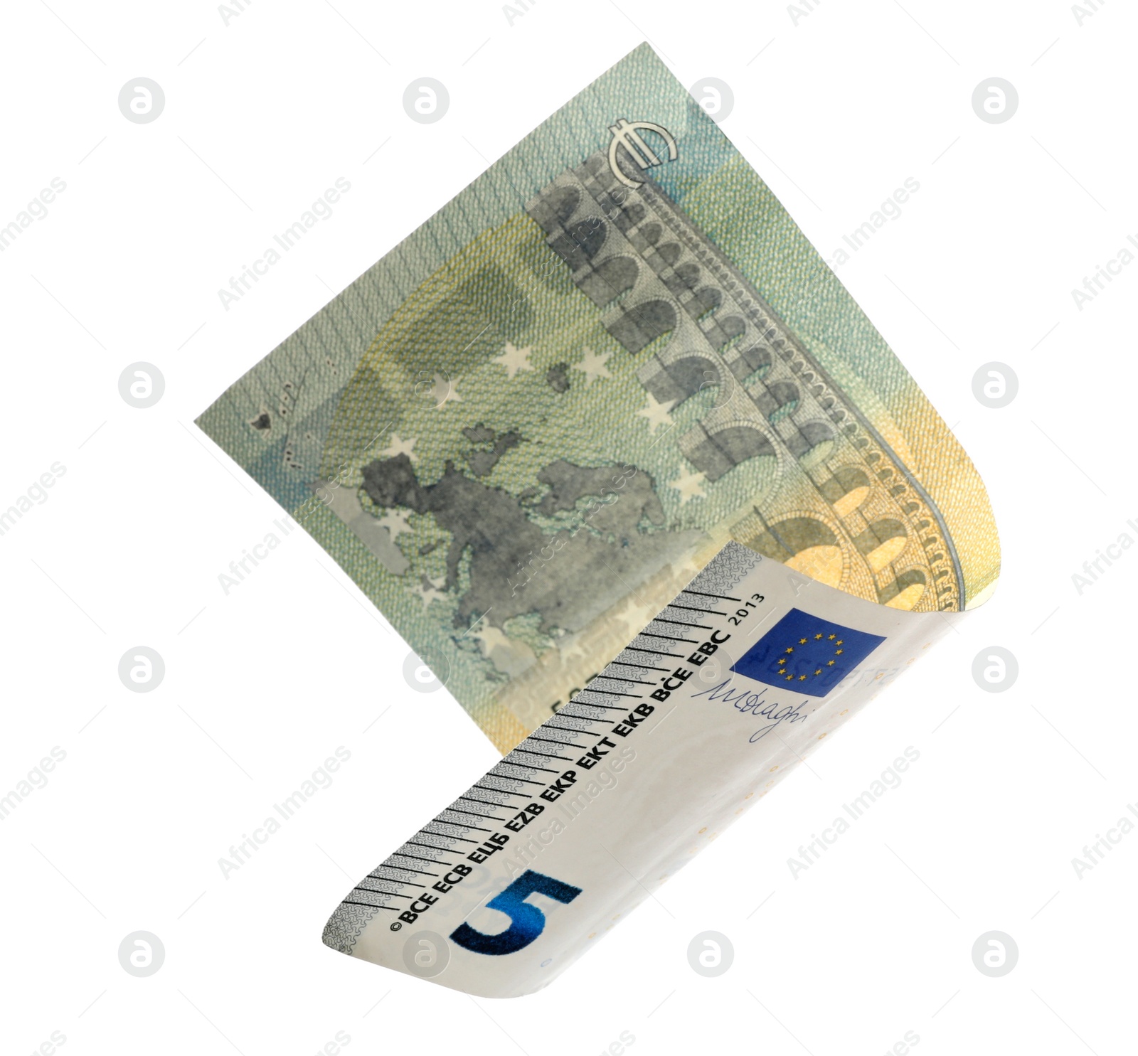 Photo of Flying five Euro banknote isolated on white