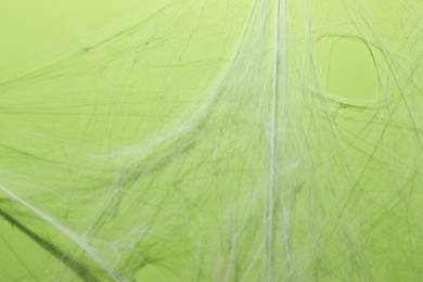 Photo of Creepy white cobweb hanging on green background