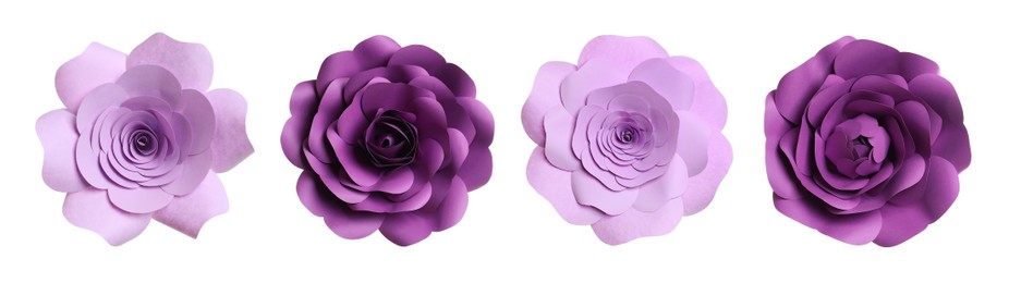 Image of Set with beautiful flowers made of paper on white background, top view. Banner design