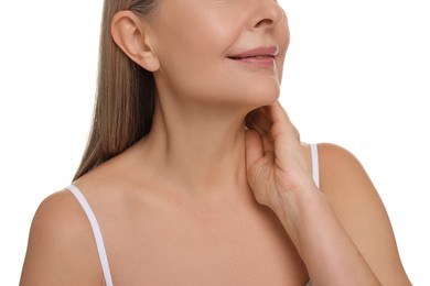 Photo of Mature woman touching her neck on white background, closeup