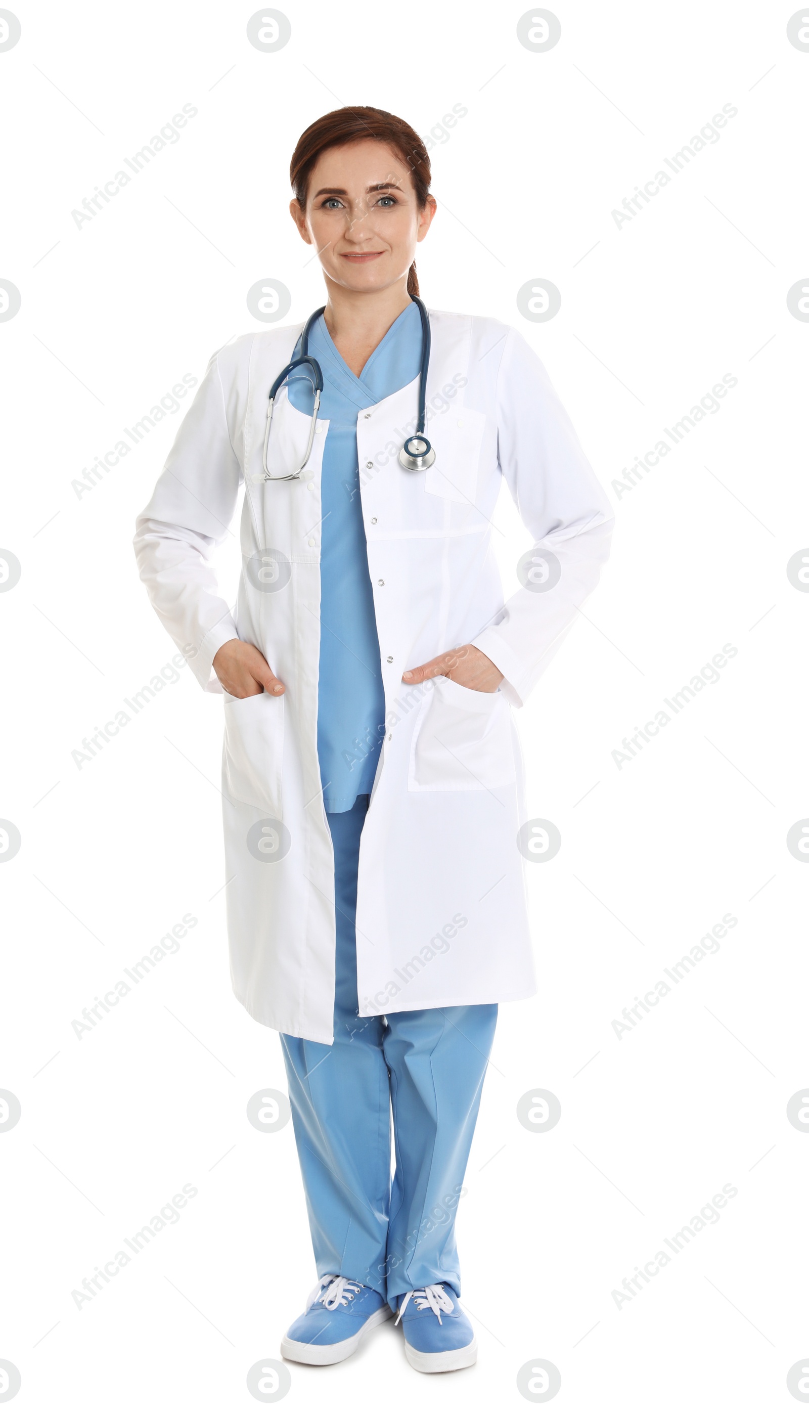 Photo of Full length portrait of female doctor isolated on white. Medical staff