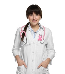 Photo of Mammologist with pink ribbon on white background. Breast cancer awareness