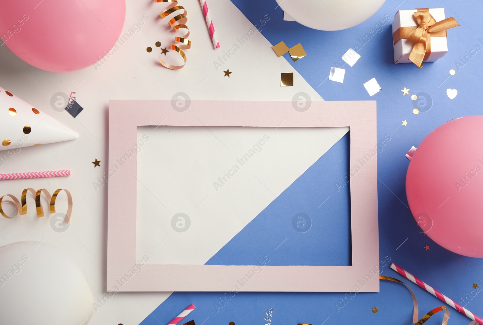 Photo of Flat lay composition with party accessories and space for text on color background