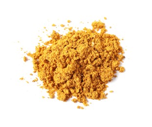 Pile of dry curry powder isolated on white, above view