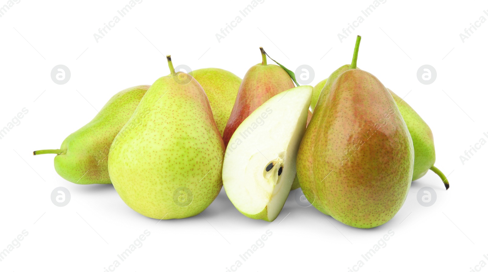 Photo of Heap of ripe juicy pears isolated on white