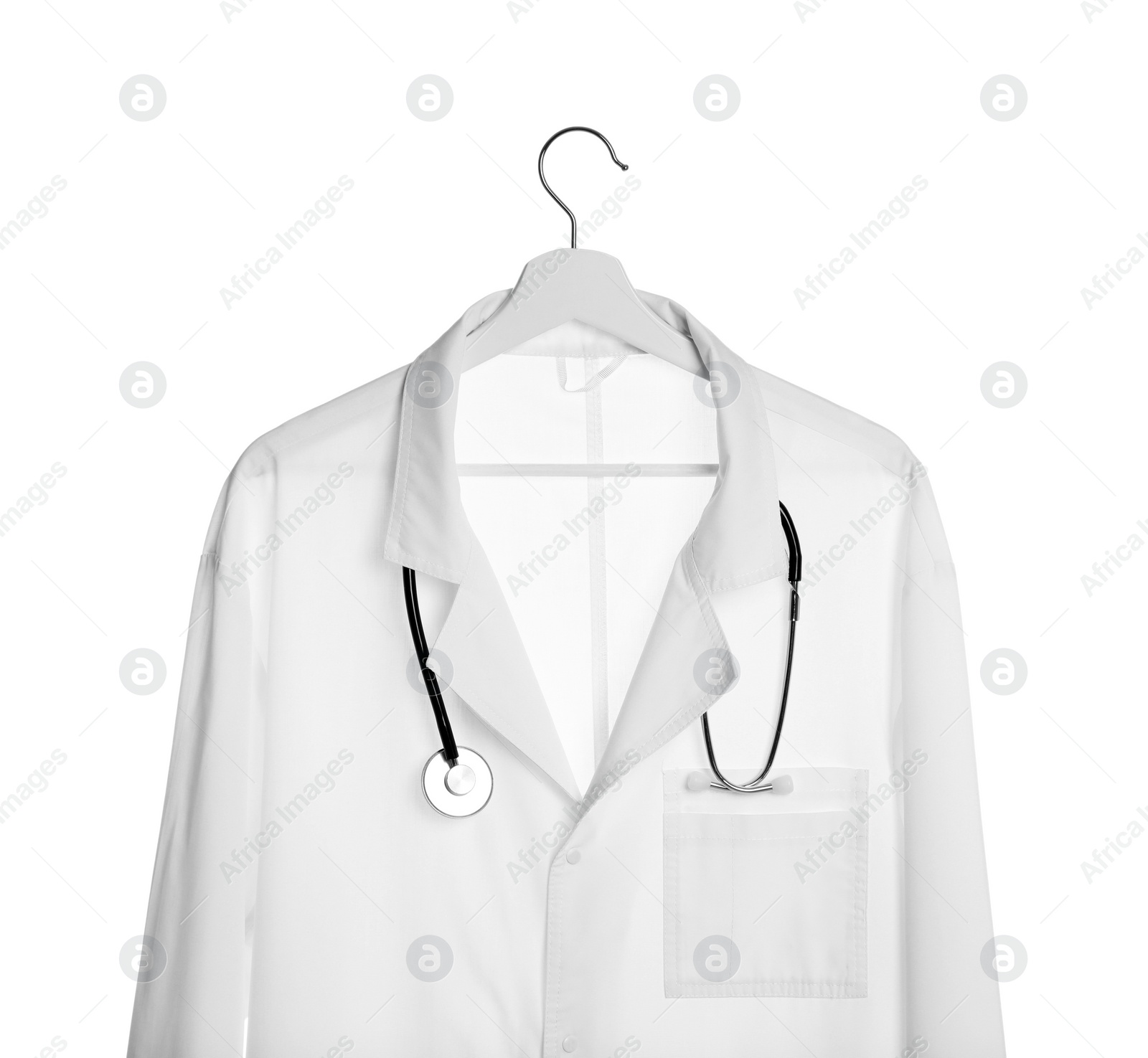 Photo of Doctor's gown and stethoscope isolated on white. Medical uniform