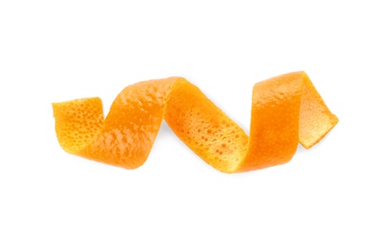 Photo of Fresh orange peel on white background, top view. Healthy fruit