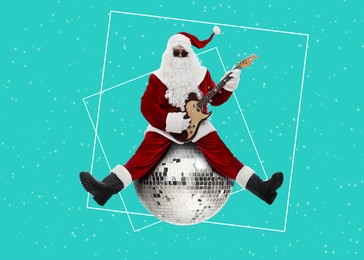Image of Winter holidays bright artwork. Santa Claus playing guitar while sitting on shiny disco ball against color background, creative collage