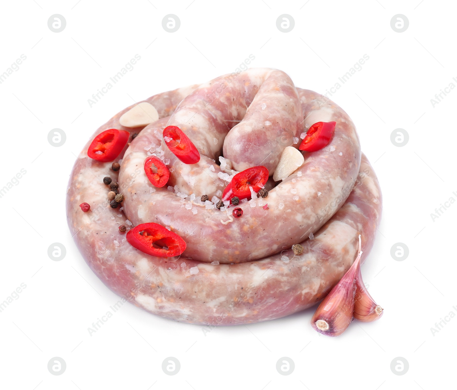 Photo of Homemade sausage, garlic, chili and spices isolated on white